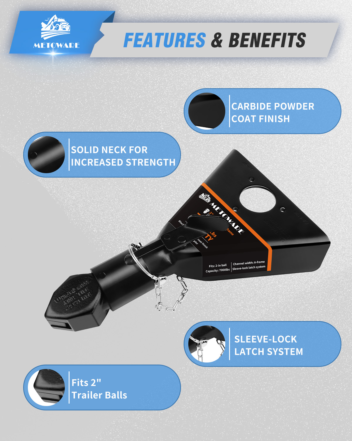METOWARE 2" A-Frame Trailer Coupler, Fits 2" Hitch Ball, 7,000lbs Capacity - Image 3