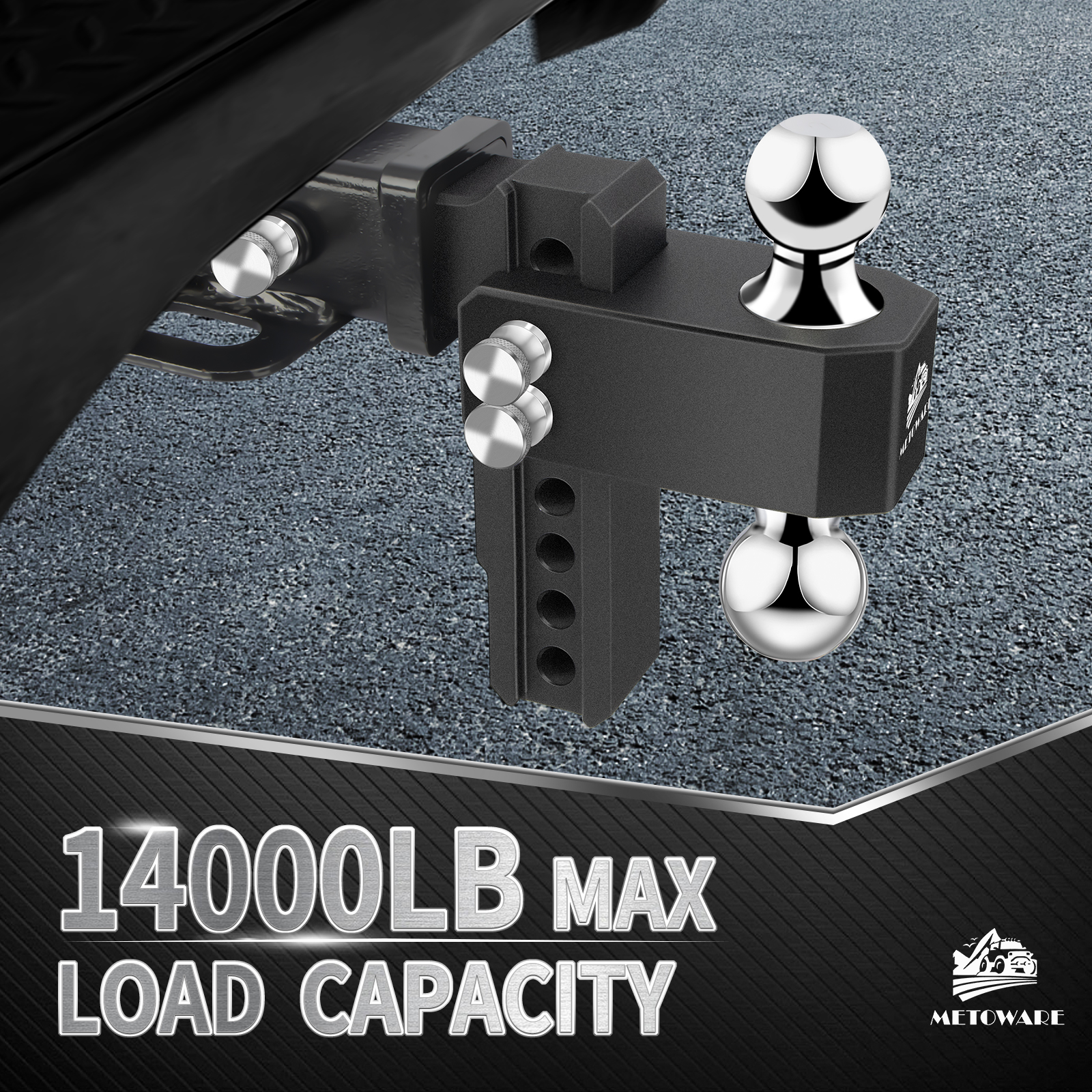 METOWARE Aluminum Adjustable Trailer Hitch Fits 2" Receiver, 6" Drop/Rise, 14K GTW, Black - Image 2