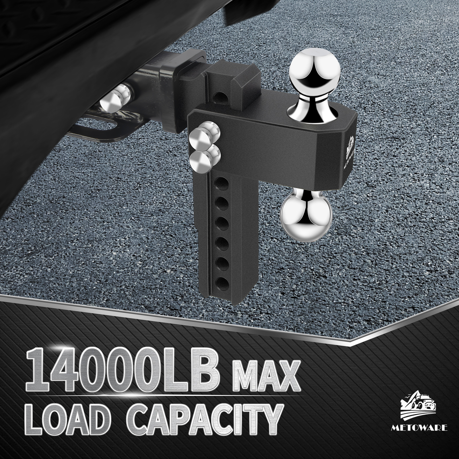 METOWARE Aluminum Adjustable Trailer Hitch Fits 2" Receiver, 8" Drop/Rise 14K GTW, Black - Image 2